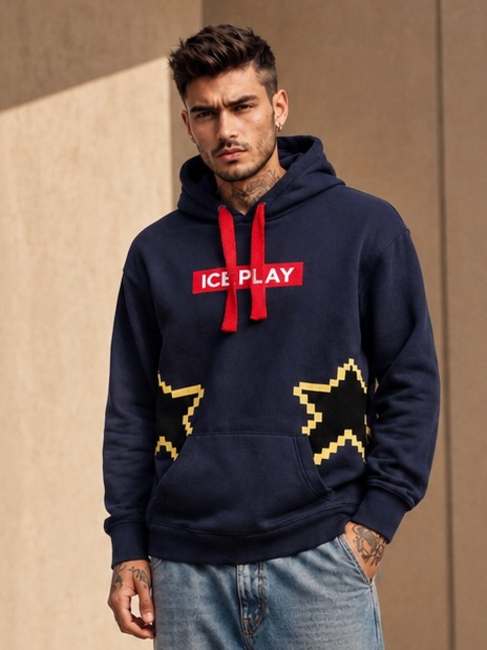 Ice Play Graphic Logo Hoodie Navy Stars Italian Streetwear Sz M Oversized
